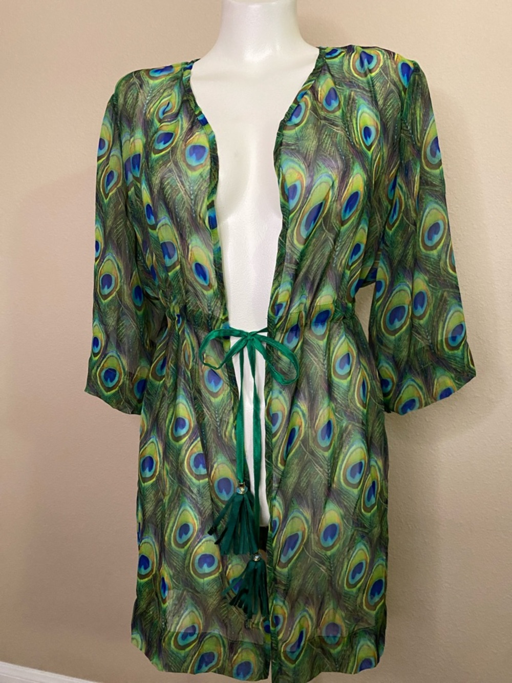 Dolcessa Peacock Print Sheer  JLo drawstring waist seim coverup Blouse top 💙💚L